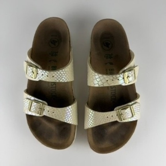 Birkenstock 36 Sydney Birko-Flor TwoStrap Sandals Snake Cream Leather Shine - Picture 6 of 12